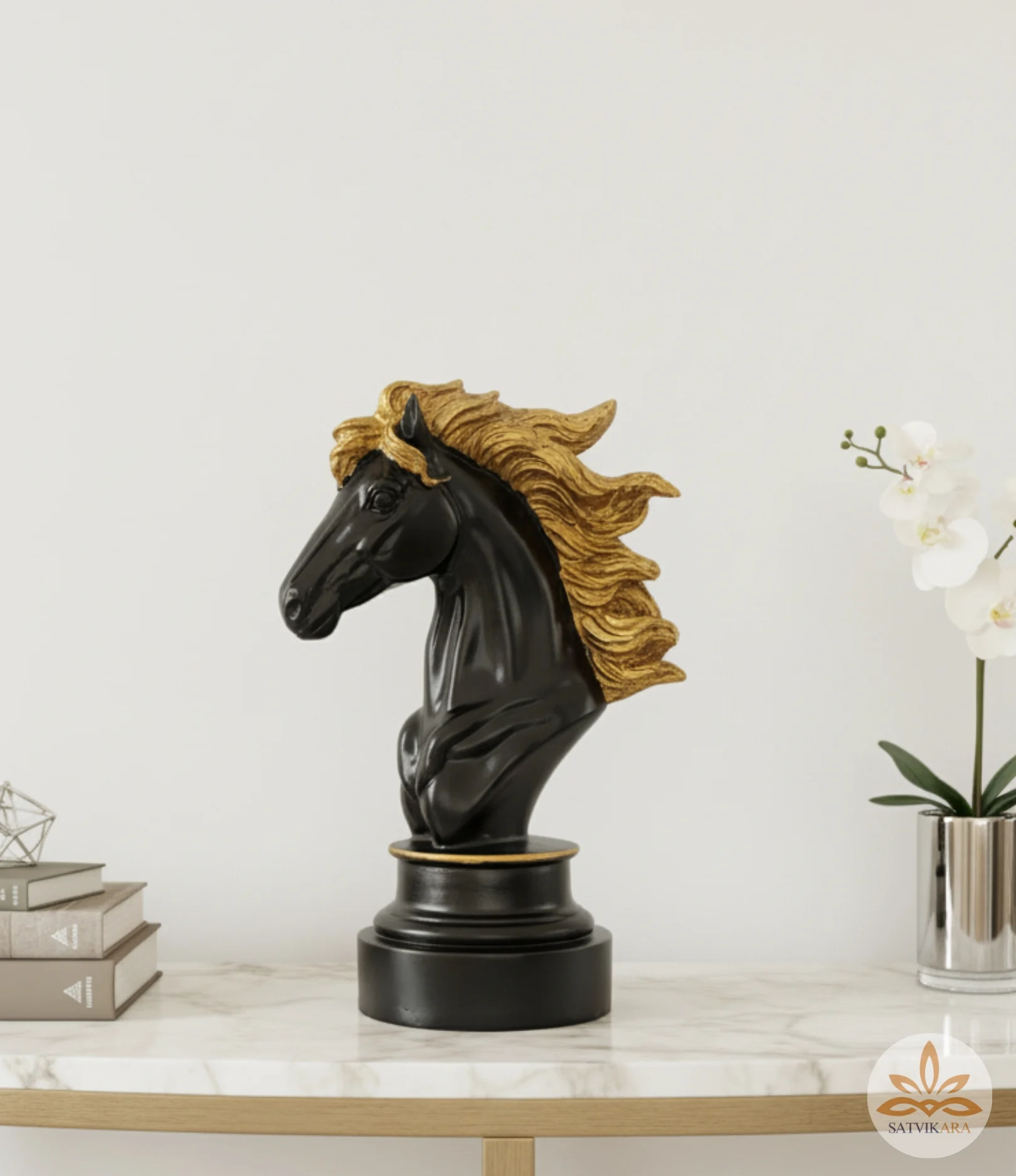 Black Horse Head Sculpture with Golden Mane Black Horse Head Sculpture with Golden Mane