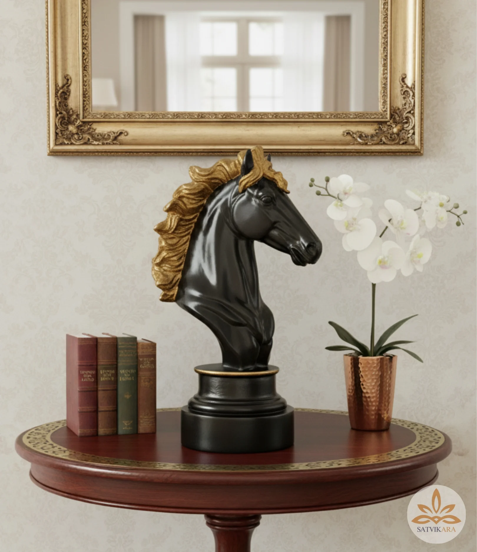 Black Horse Head Sculpture with Golden Mane Black Horse Head Sculpture with Golden Mane