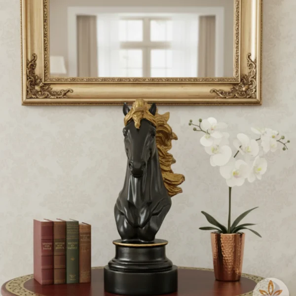 Black Horse Head Sculpture with Golden Mane