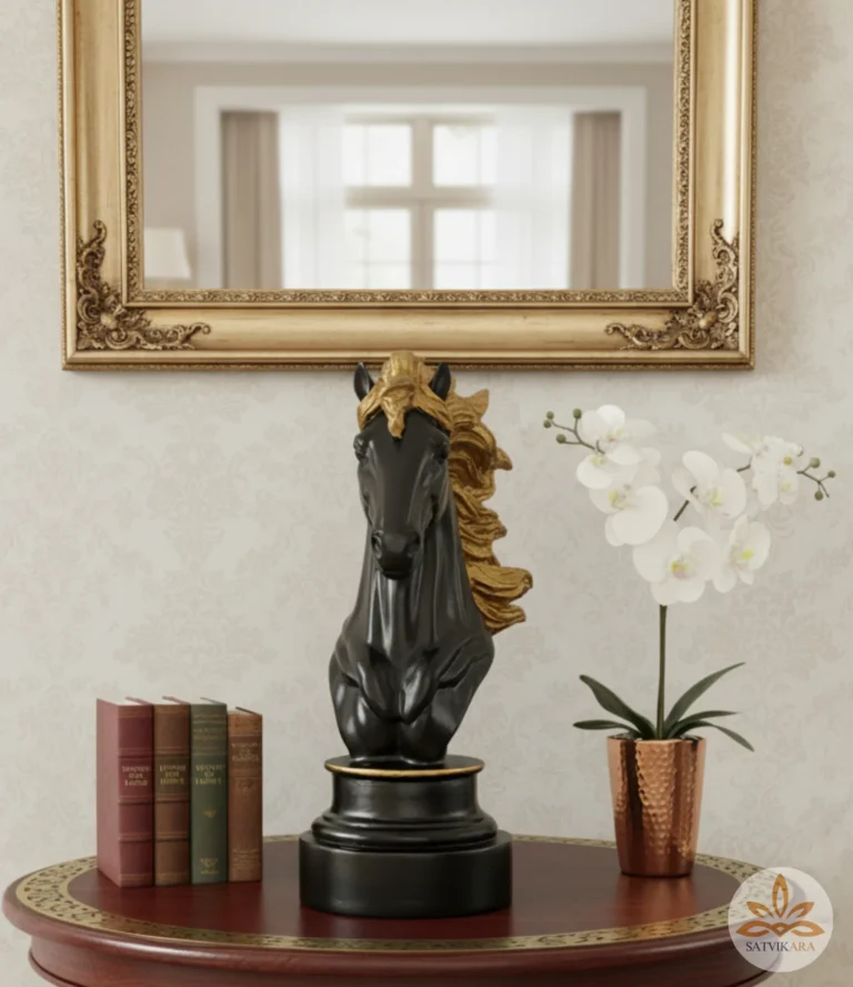 Black Horse Head Sculpture with Golden Mane