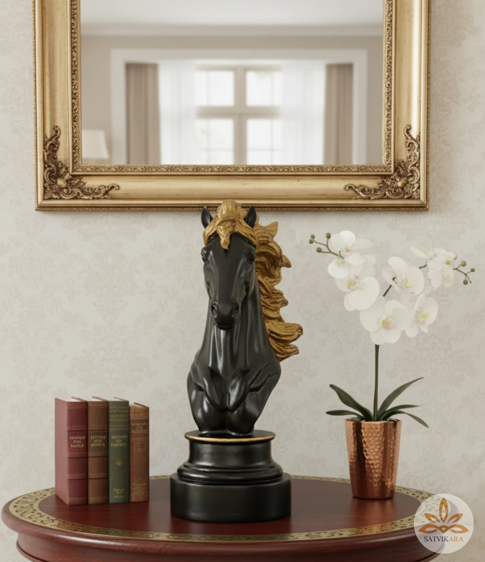 Black Horse Head Sculpture with Golden Mane Black Horse Head Sculpture with Golden Mane