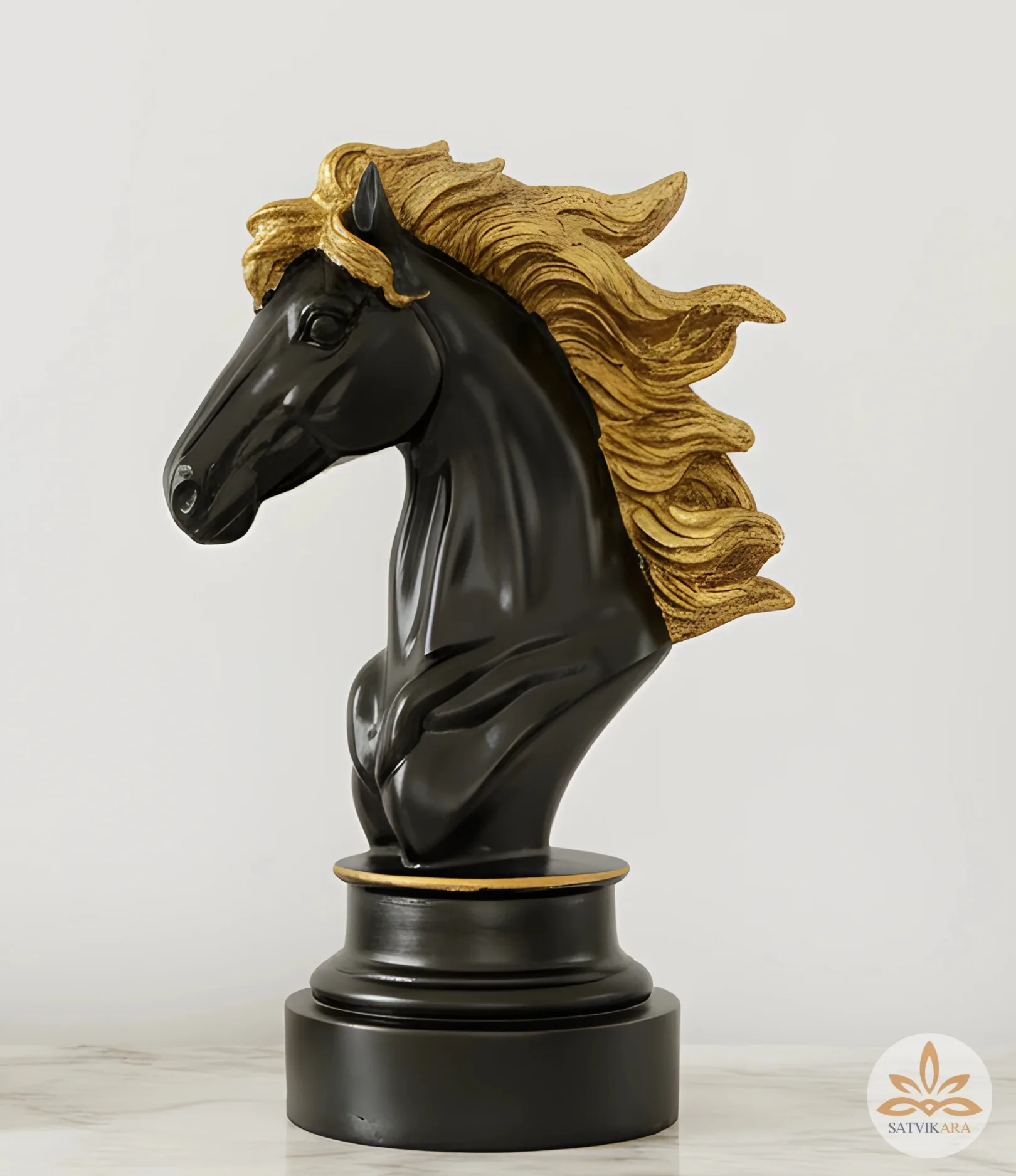 Black Horse Head Sculpture with Golden Mane Black Horse Head Sculpture with Golden Mane